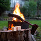 campfire dog hatchet stump fire